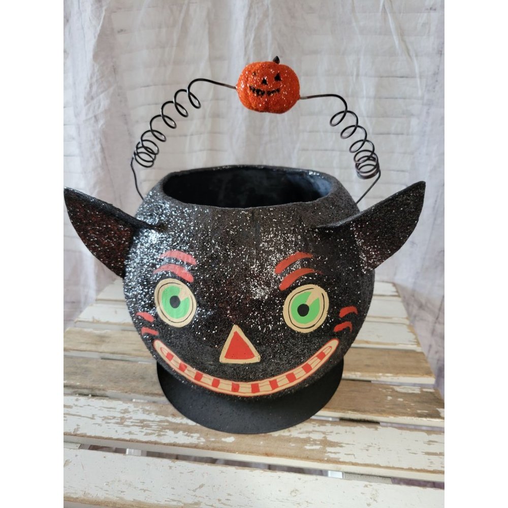Dept 56 glitter cat pumpkin trick or treat home 33928 10" paper‎ mache